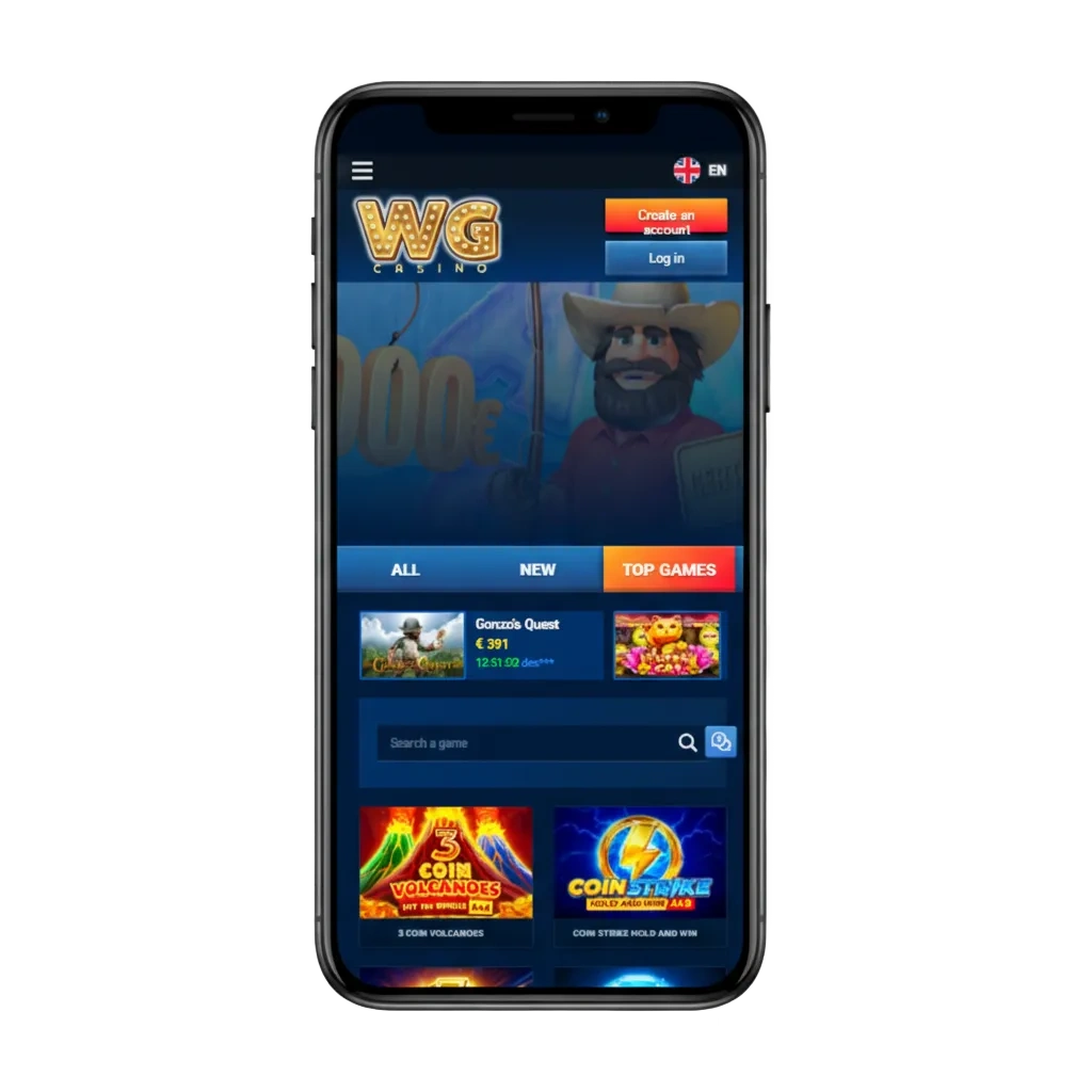 WG casino app for Android (APK) and iOS; multilingual, UK legal, betting, casino, VISA/Mastercard, USDT, welcome bonus