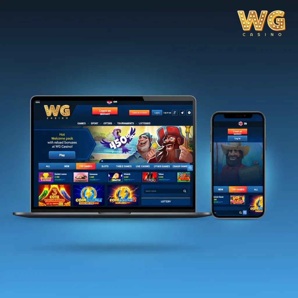 WG casino UI with tabs for Sports, Live, eSports, Casino, Promotions, plus filters for leagues, odds format, and bet slip