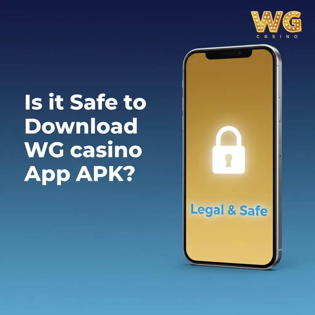 Phone showing WG Casino app with lock icon, licensed and encrypted. Install APK only from the official site.