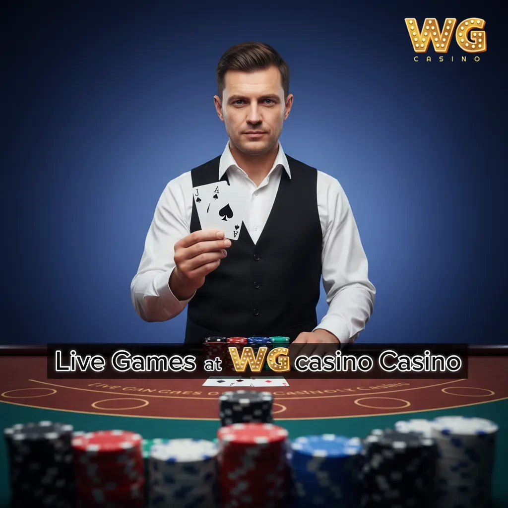 WG Casino live dealer lobby with roulette, blackjack, baccarat, poker, game shows, and sic bo; 200+ tables, English hosts.