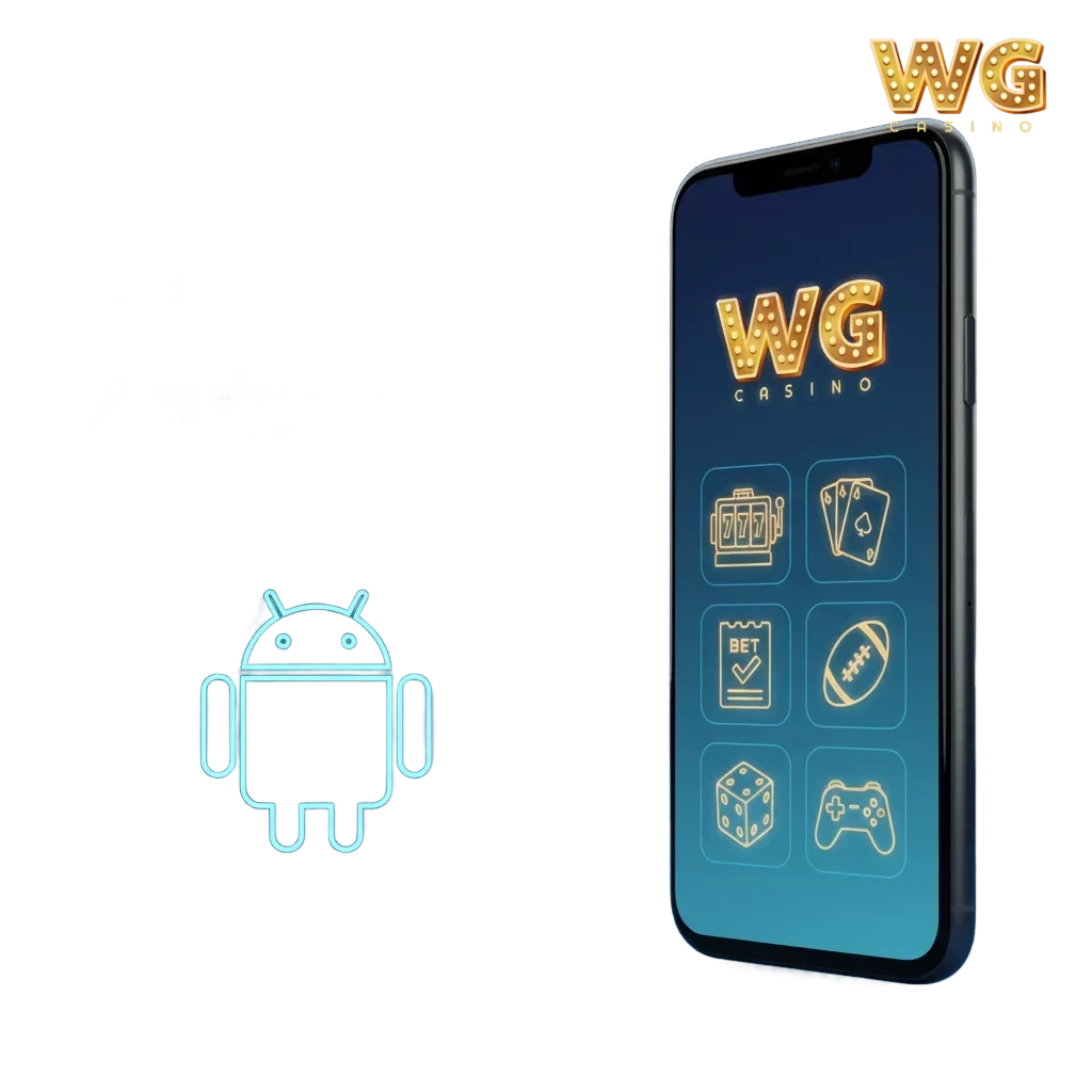 WG Casino Android app on smartphone, showing bets and casino games, with in-play betting, notifications, and quick login.