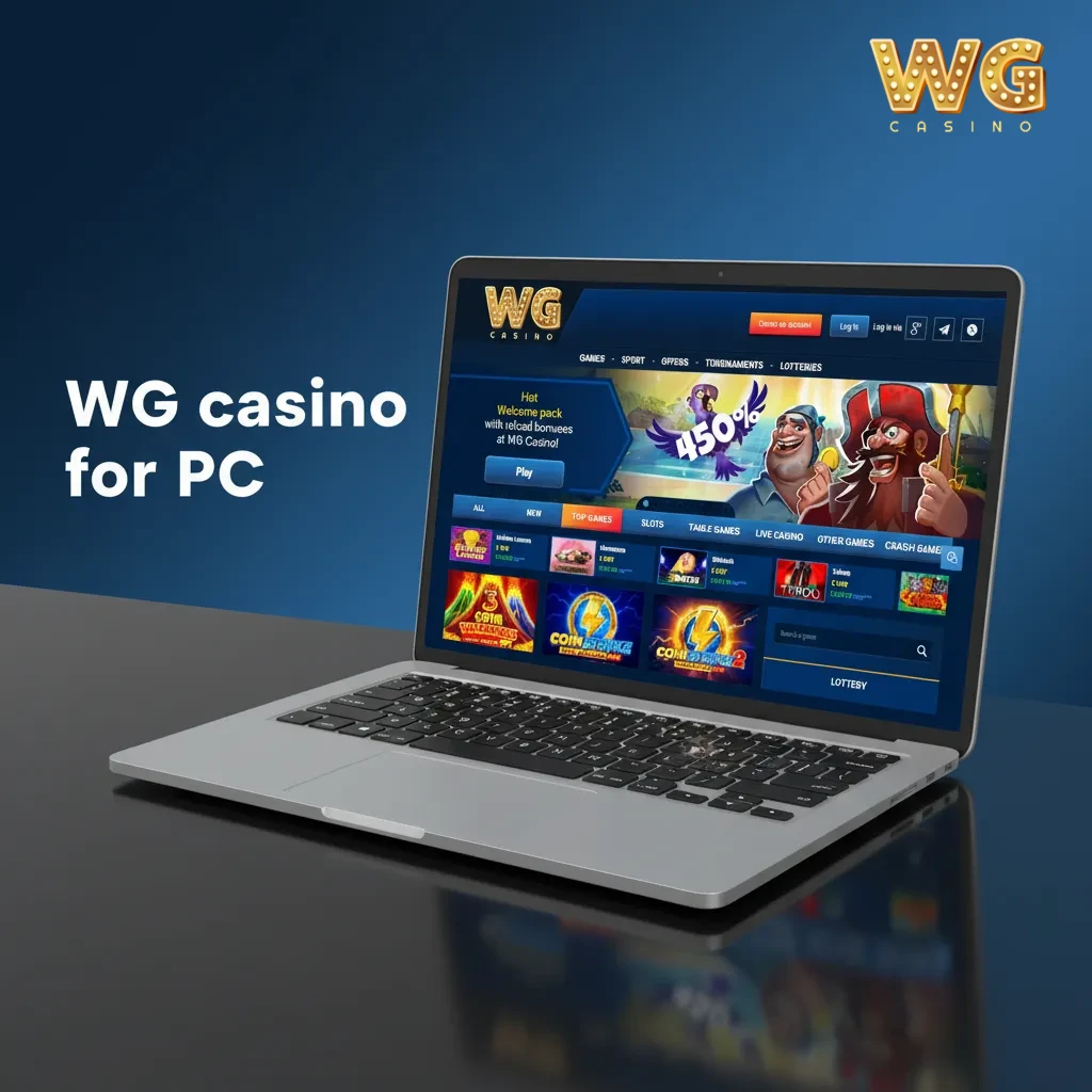 WG Casino website open on a PC browser, showing login and casino/sportsbook menus; no desktop app required.