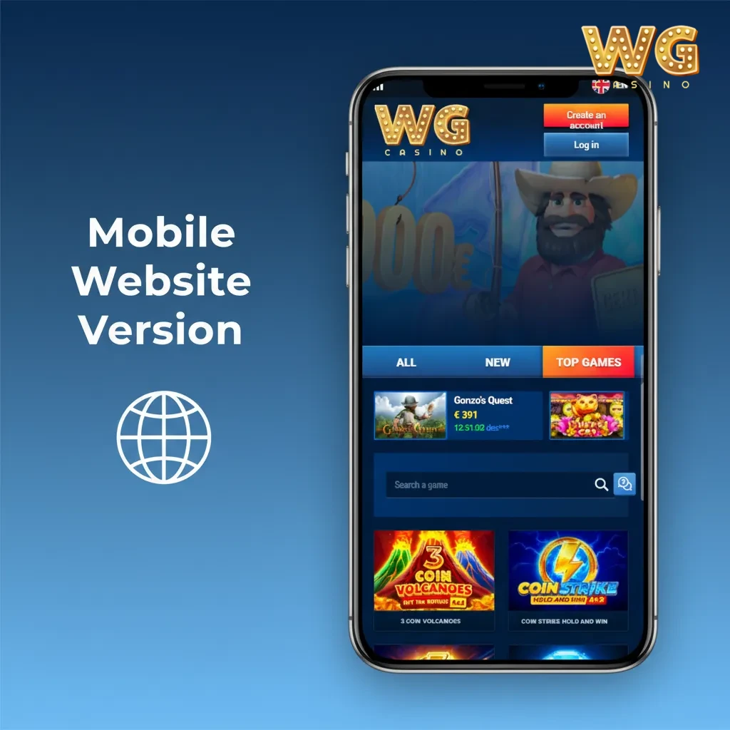 WG Casino mobile website on phone and tablet; same games, payments, and tools as app; no download needed.