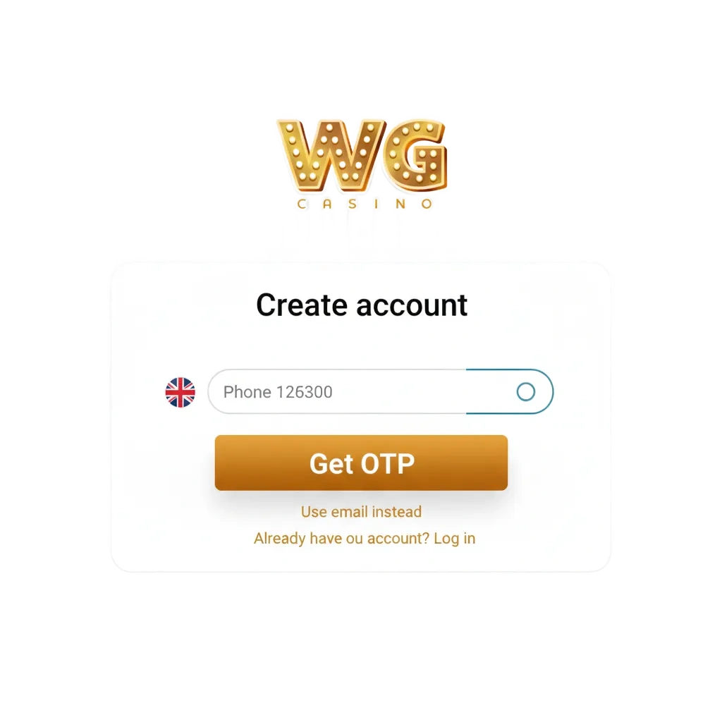 WG casino graphic showing registration, login, and verification steps; UK access, support, app/web play, and deposit bonuses.
