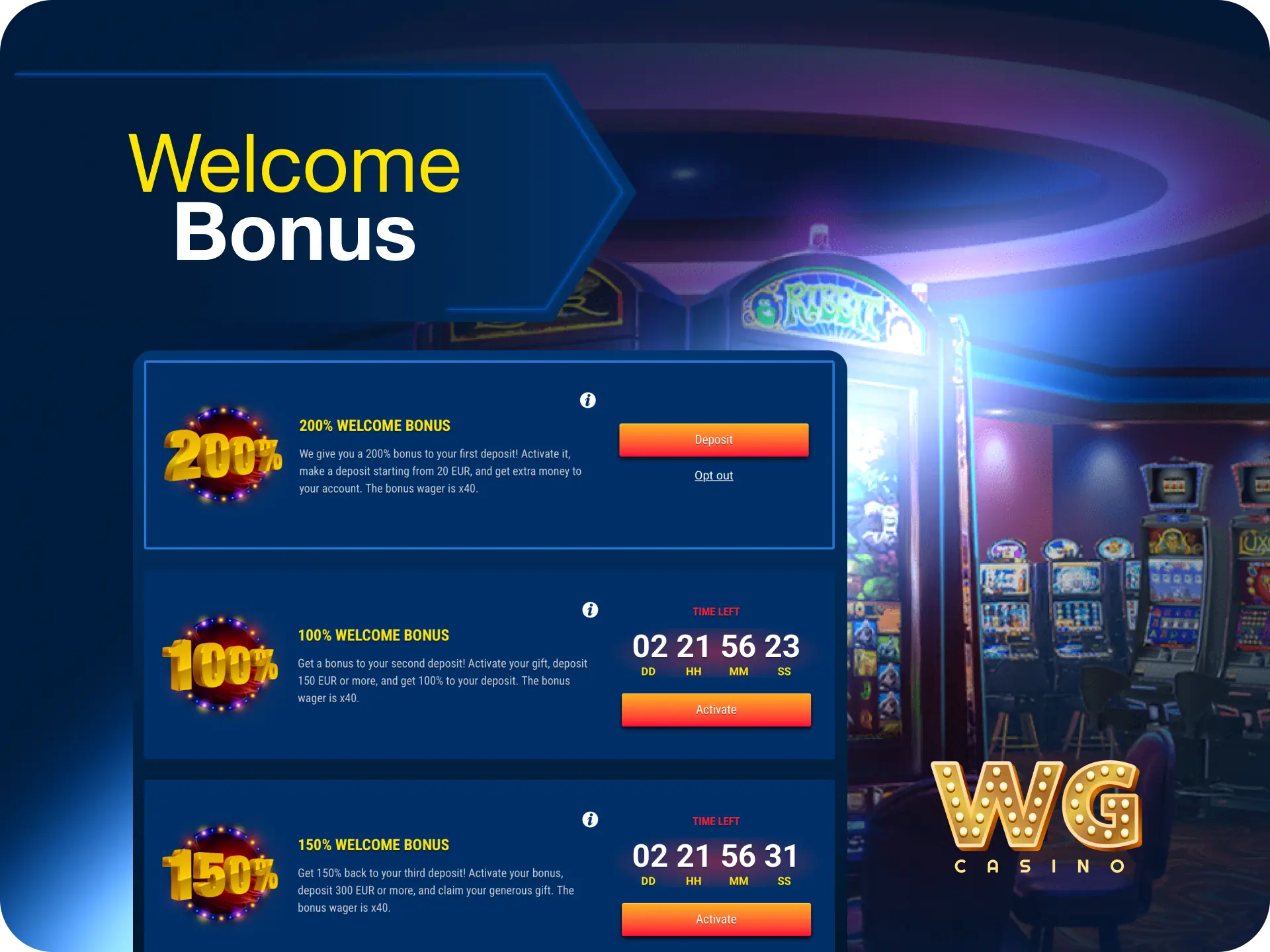 Welcome bonus on WG casino UK with tiered offers on first deposits for new players.