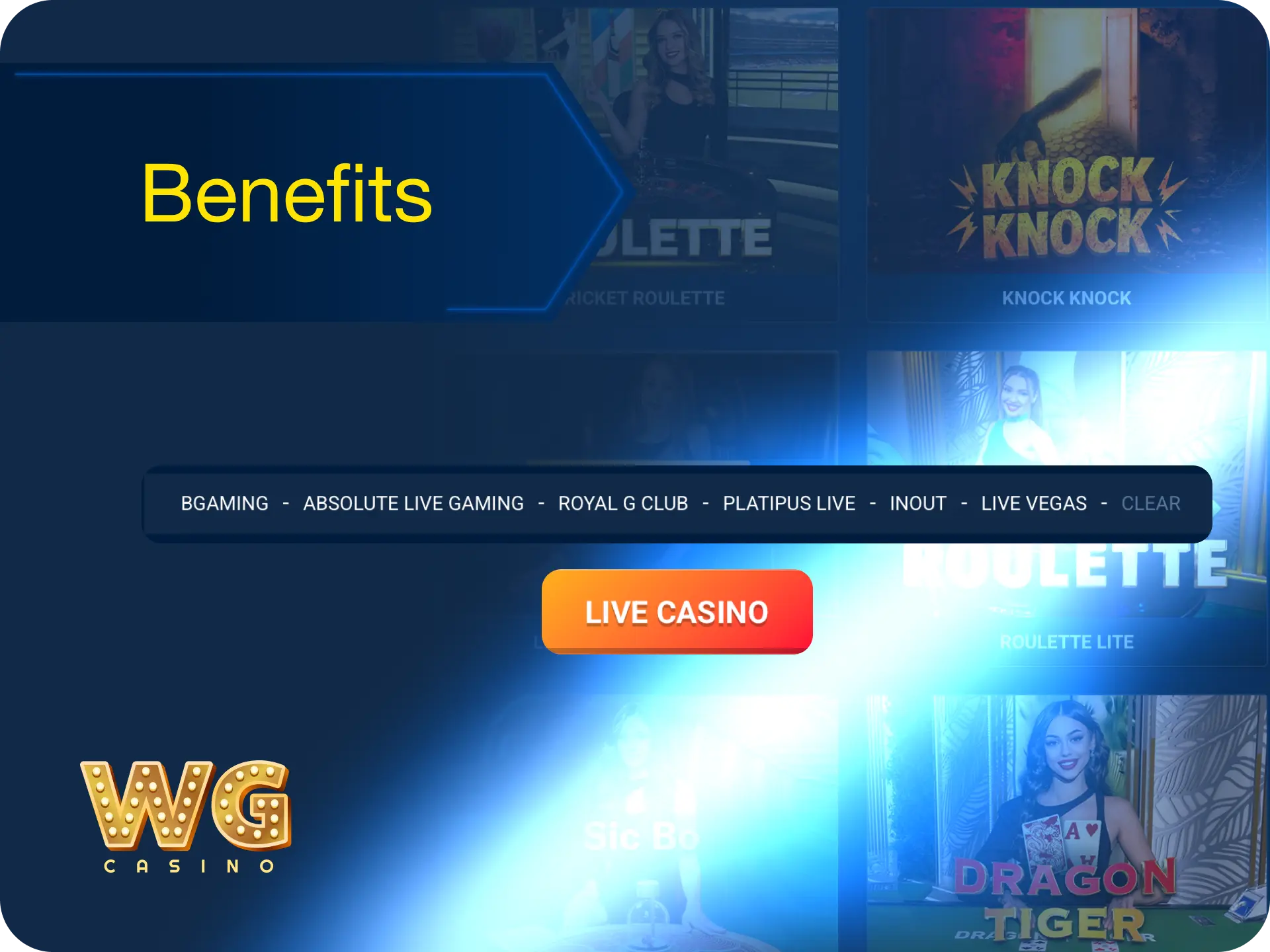 Benefits of playing live casino on WG casino UK including 200+ tables and English hosts.