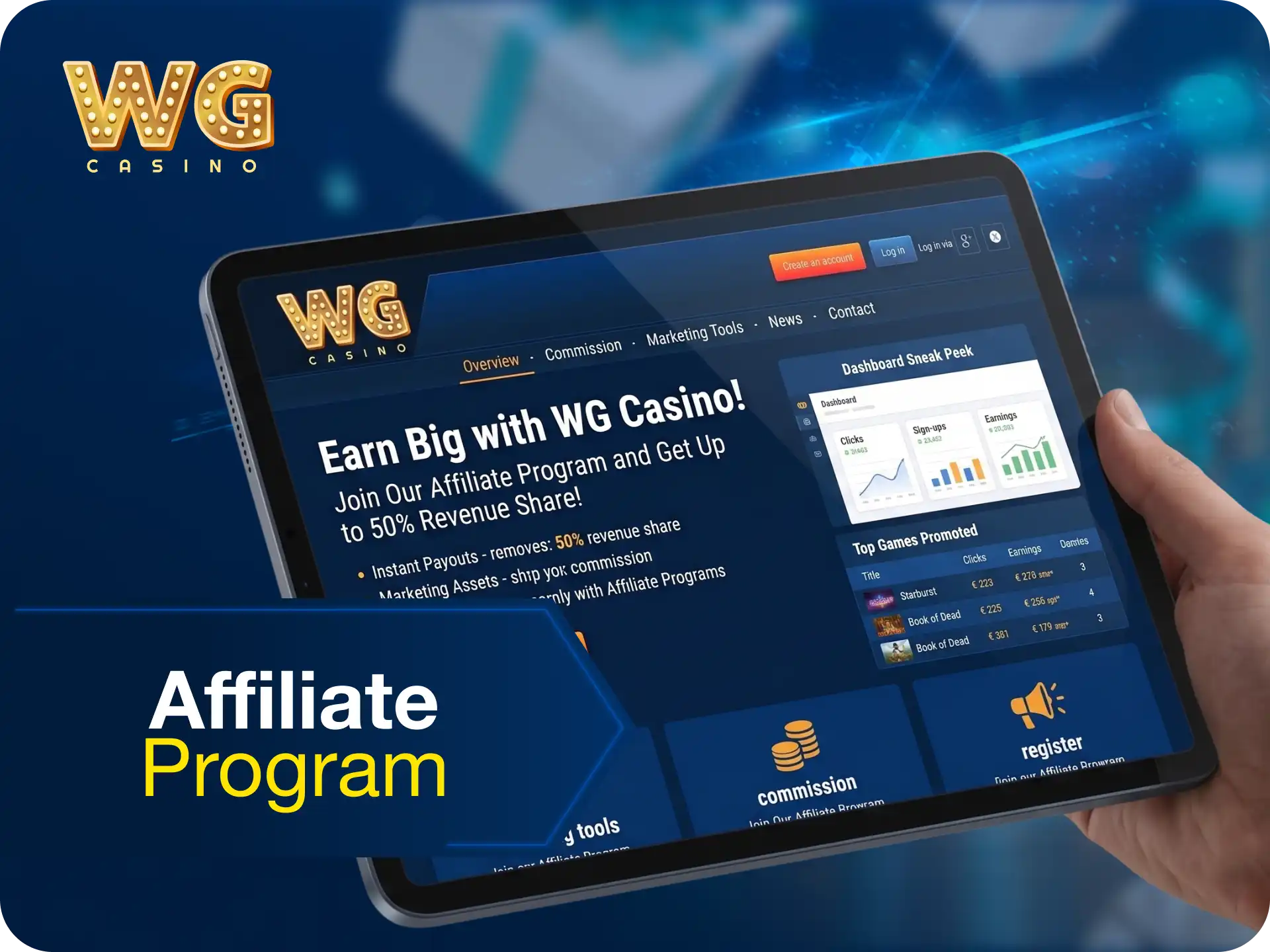 Affiliate program for WG casino to earn commissions by referring new players.