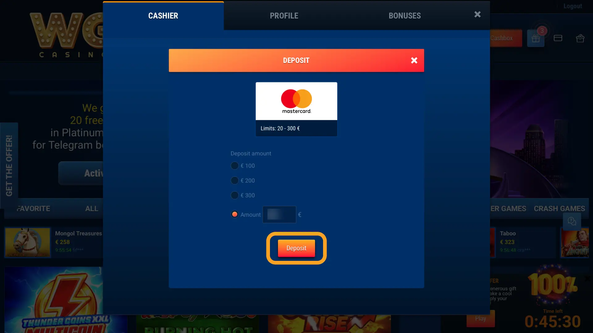 Choose Visa, Mastercard, or USDT on WG casino and add funds to your account.