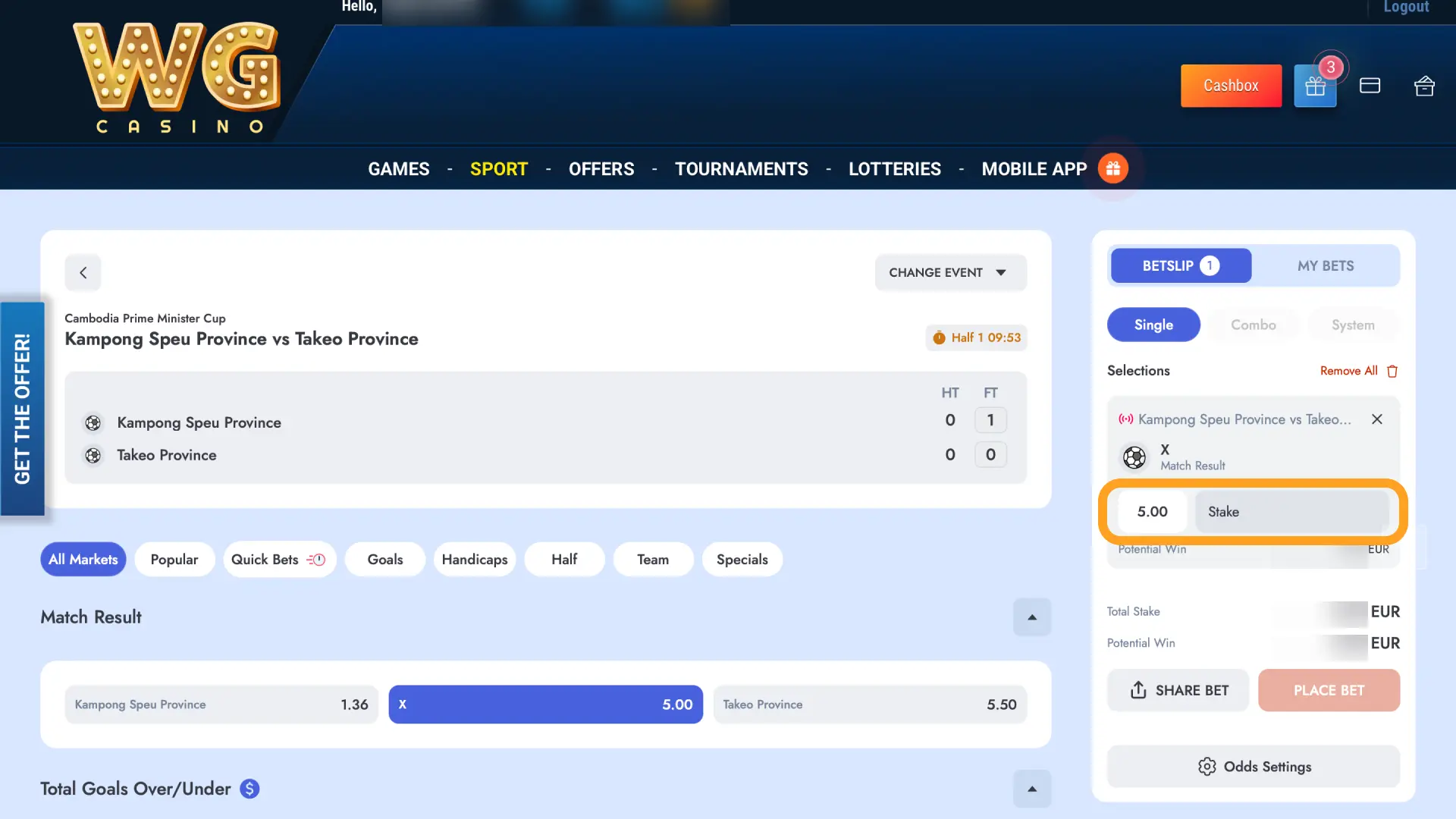 Set your stake amount on WG casino and review potential return.