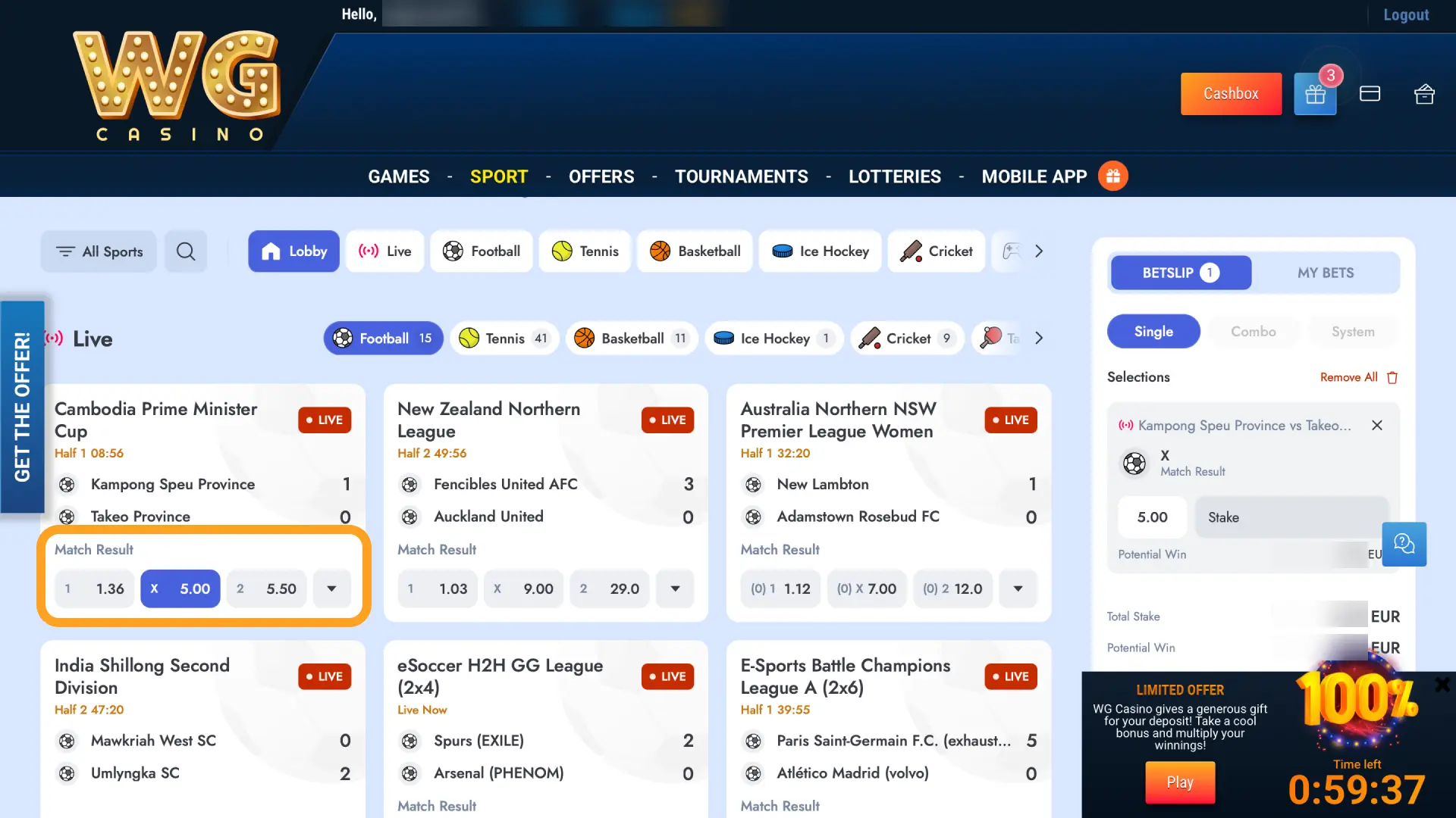 Browse Football, Racing, or another sport on WG casino and select odds.
