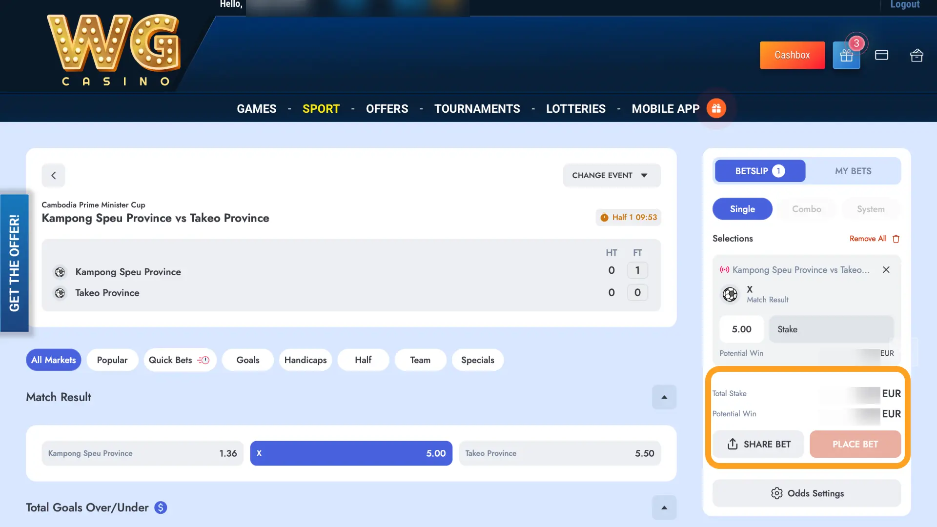 Confirm the bet on WG casino and track it in your bet slip.
