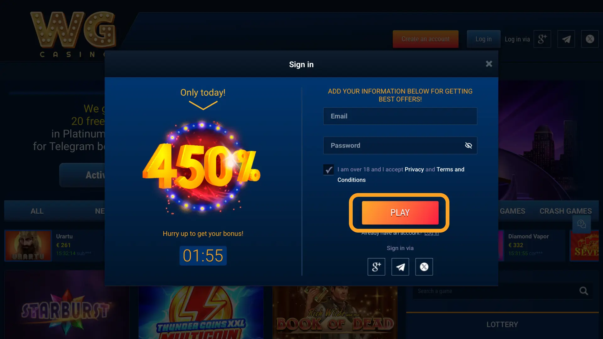 Click Register on this page to create your WG casino account and confirm email.