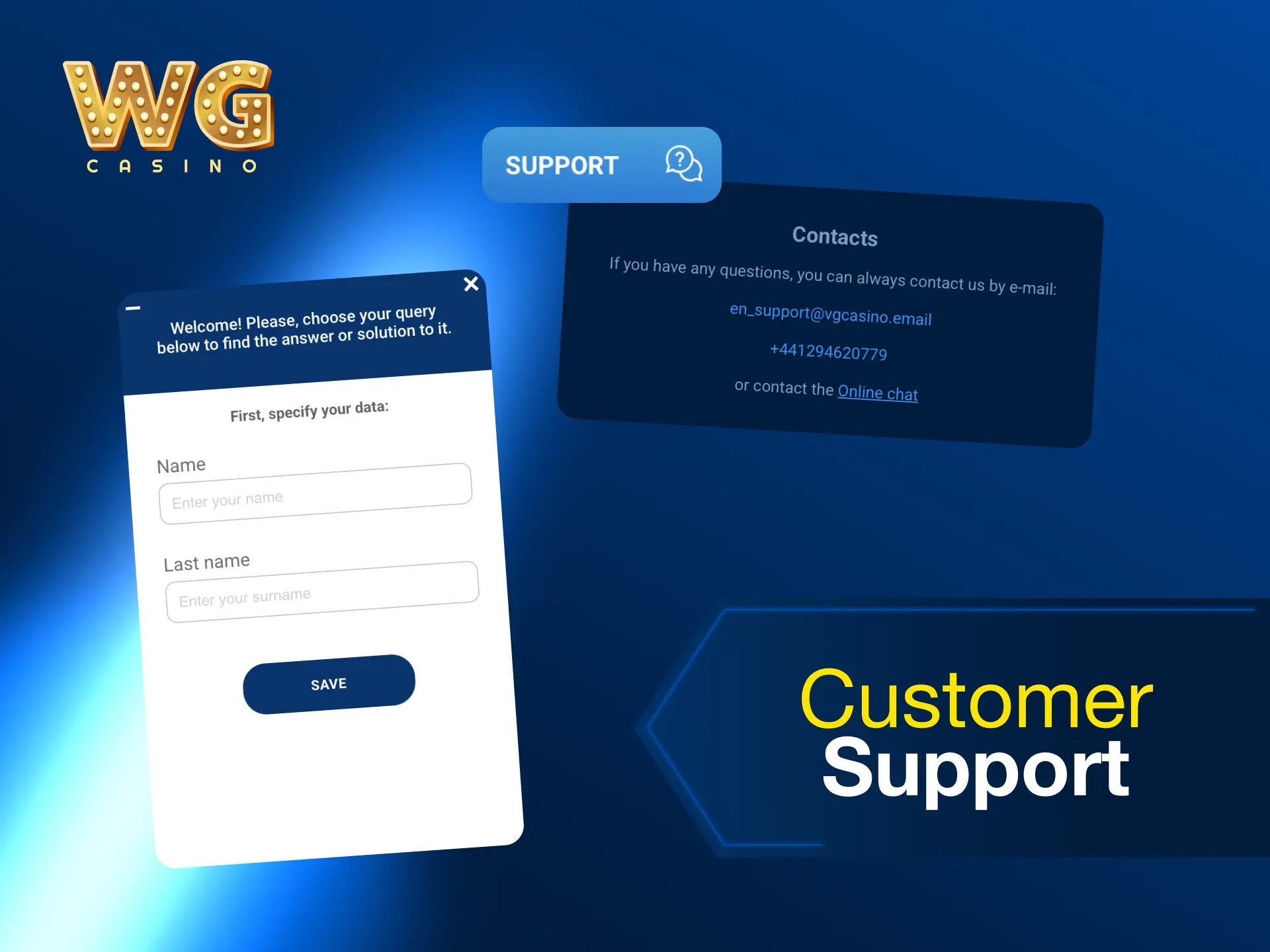 Customer support for WG casino available via live chat and email for UK players.