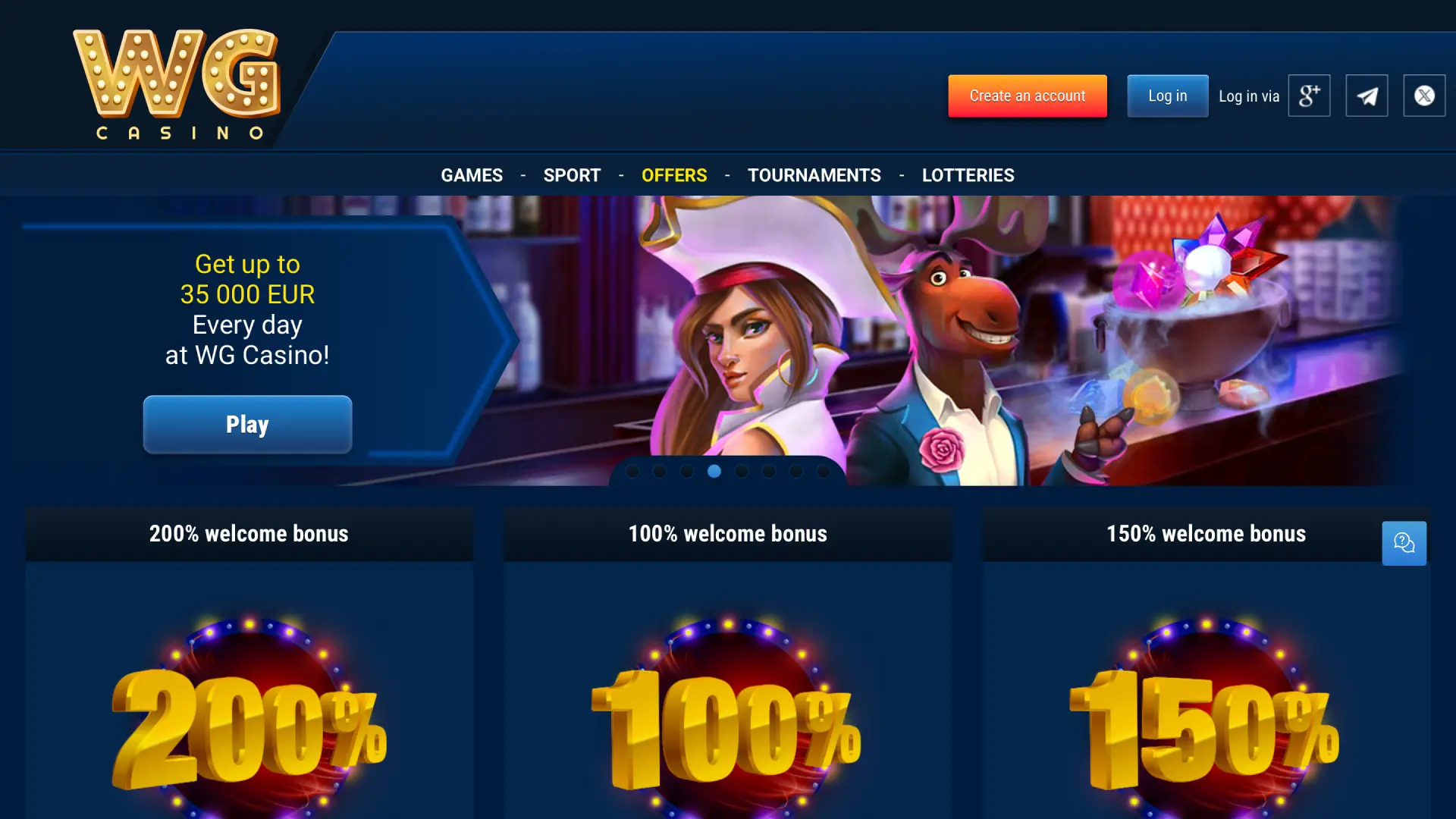 Promotions page on WG casino with welcome bonuses and special offers.