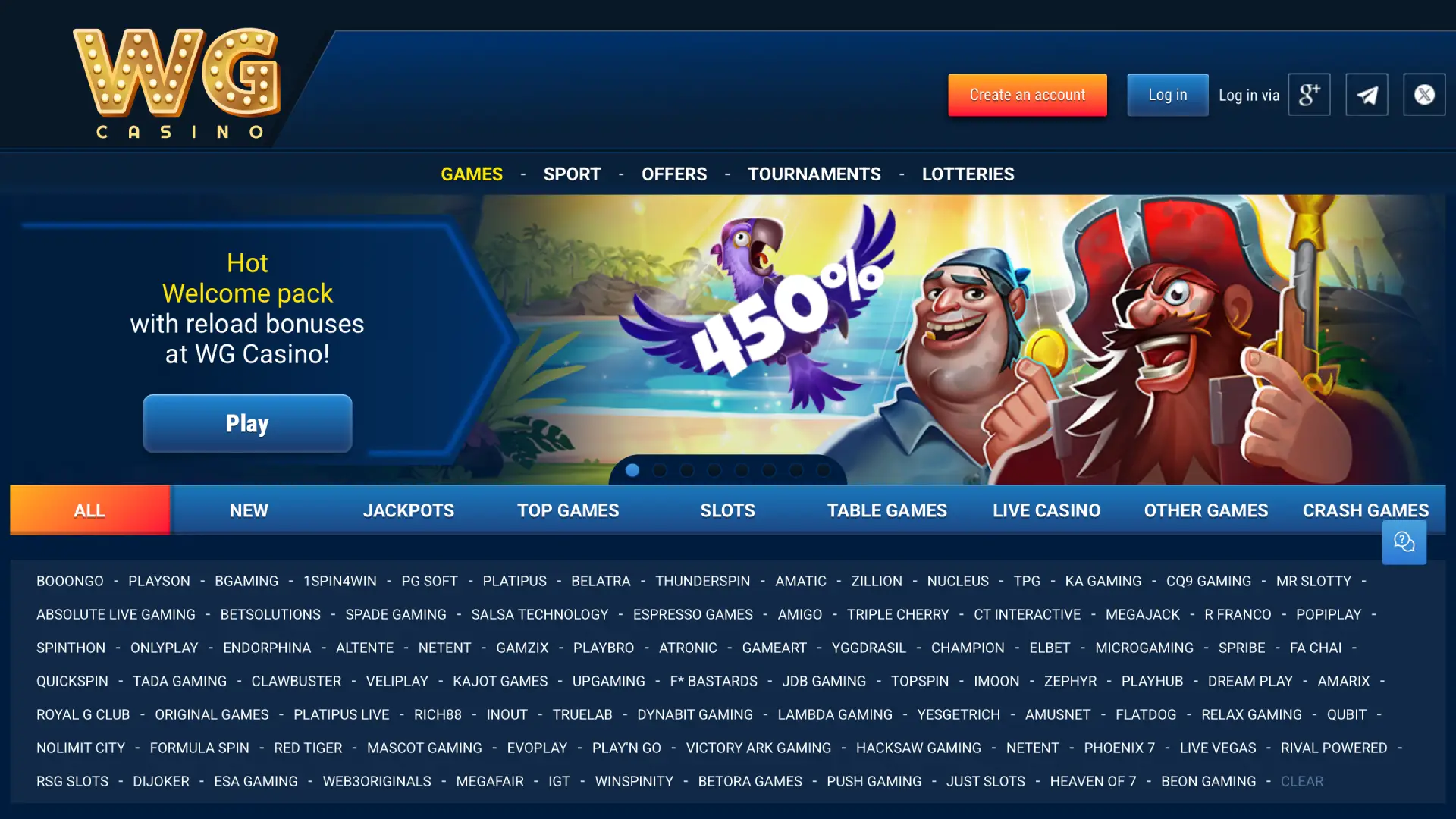 Casino lobby on WG casino with slots, table games, and live dealers.