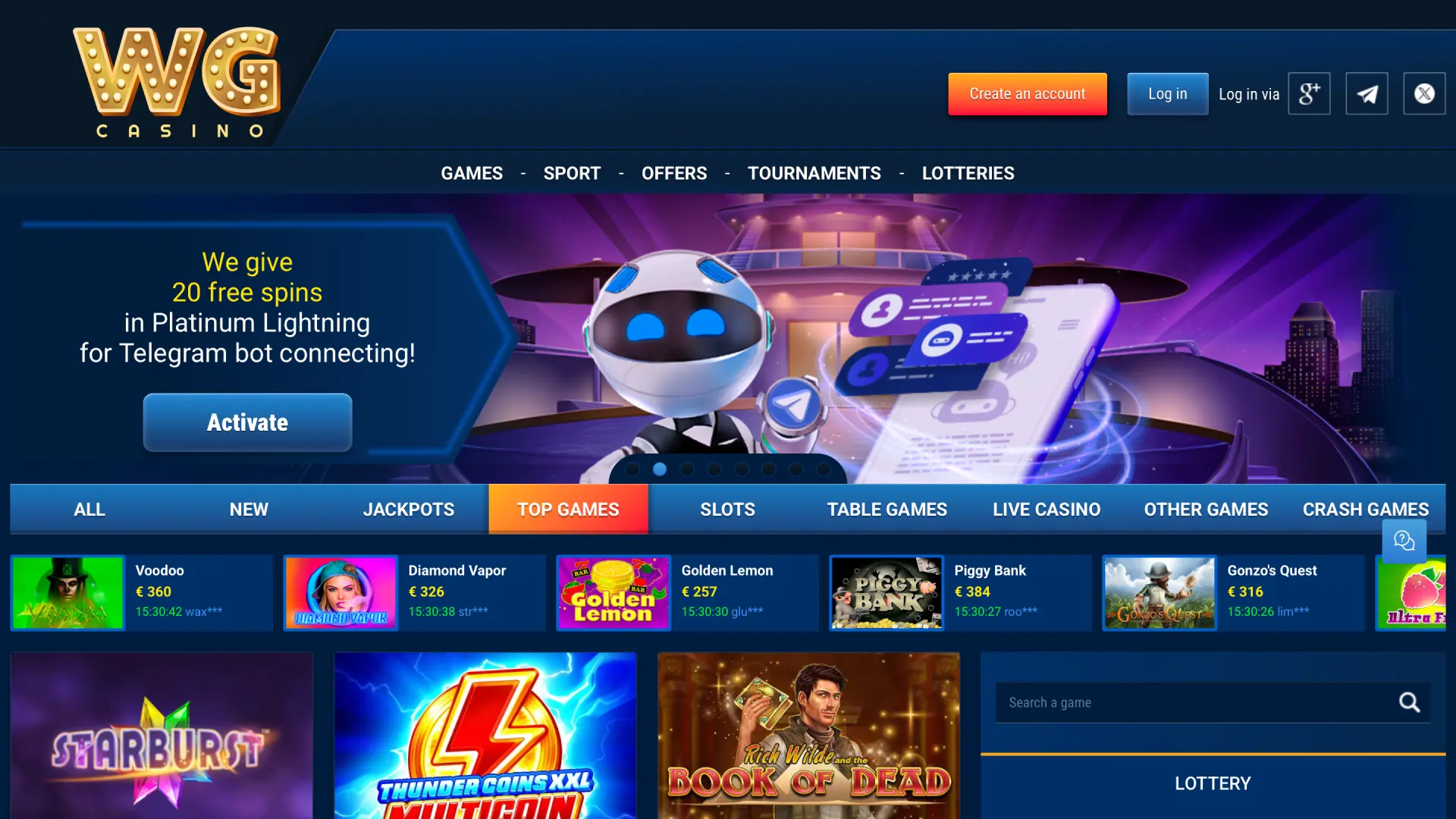 WG casino homepage with access to sports, casino, and live events.