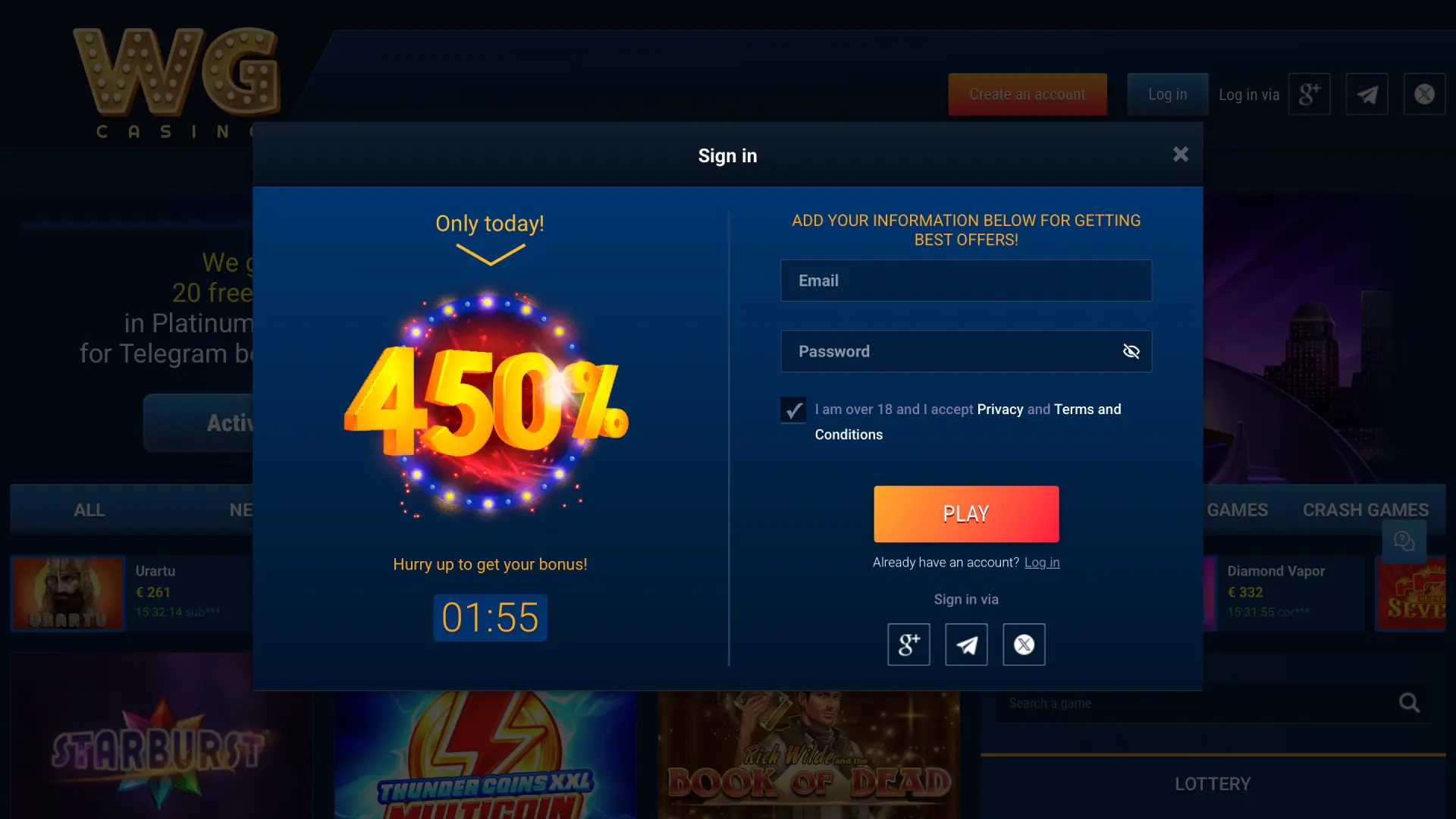 Registration form on WG casino for creating your new betting account.