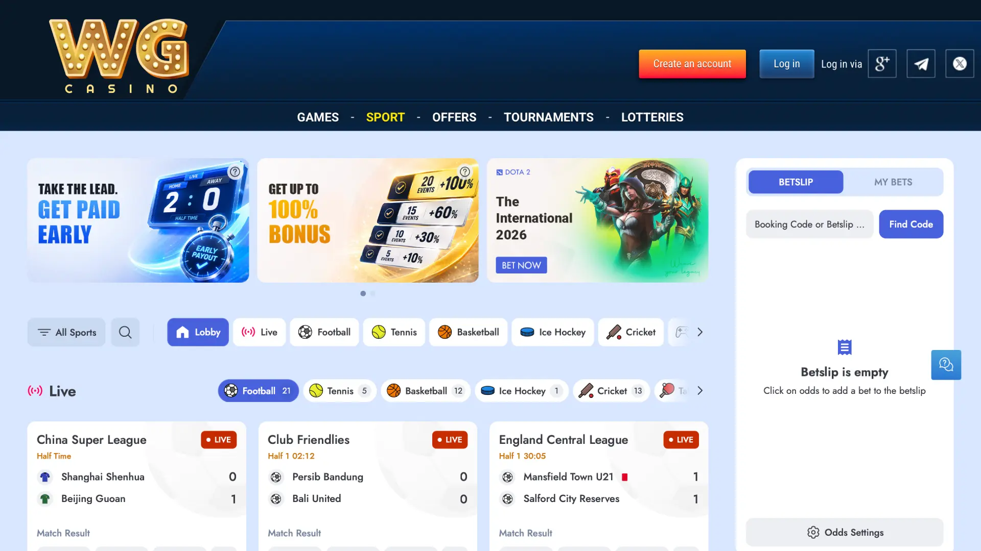 Sports betting interface on WG casino with live odds and upcoming matches.