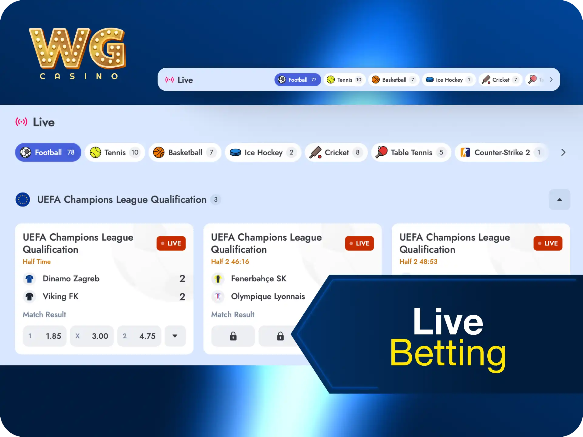 Live betting on WG casino with dynamic odds updated in real time during matches.