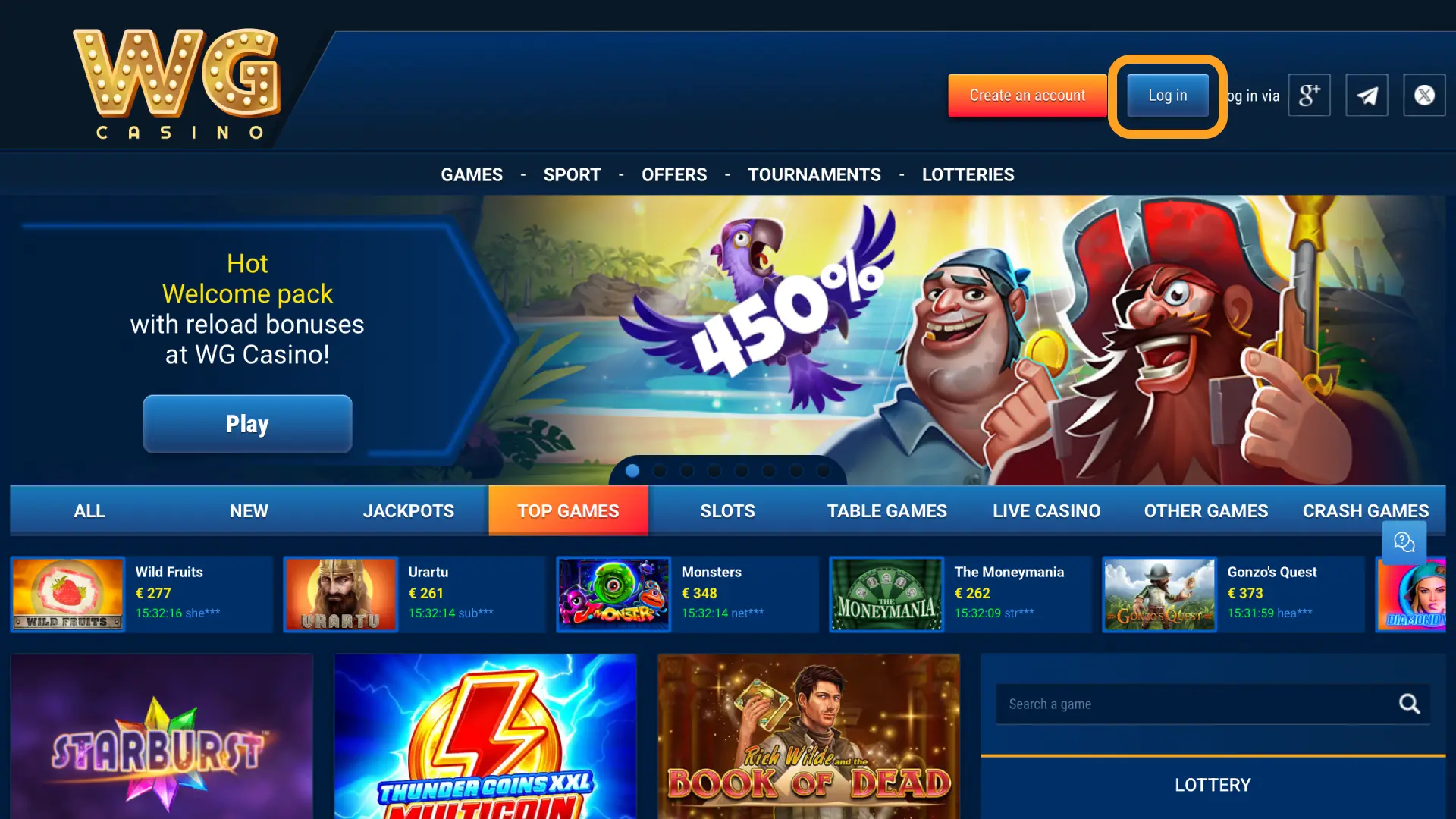 Click the login button below to open the WG casino login form.