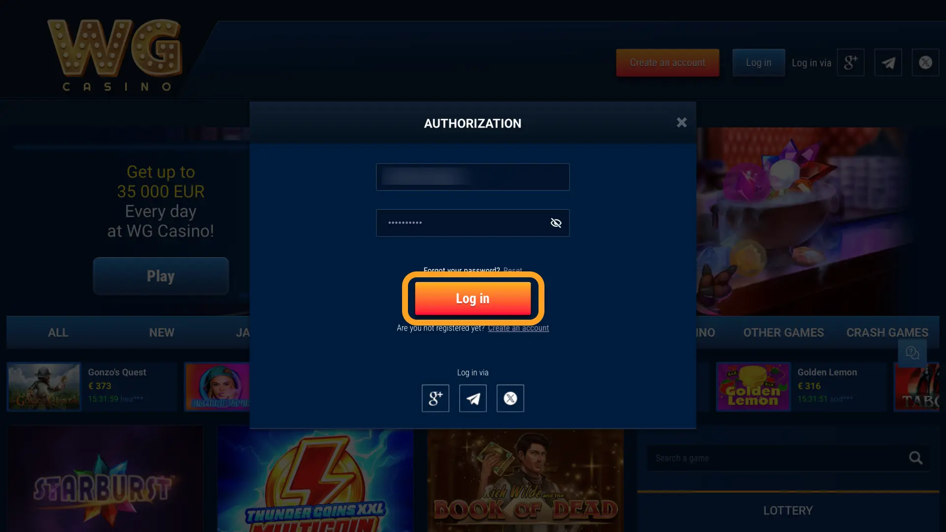 Enter your two-factor authentication code from email or authenticator on WG casino.