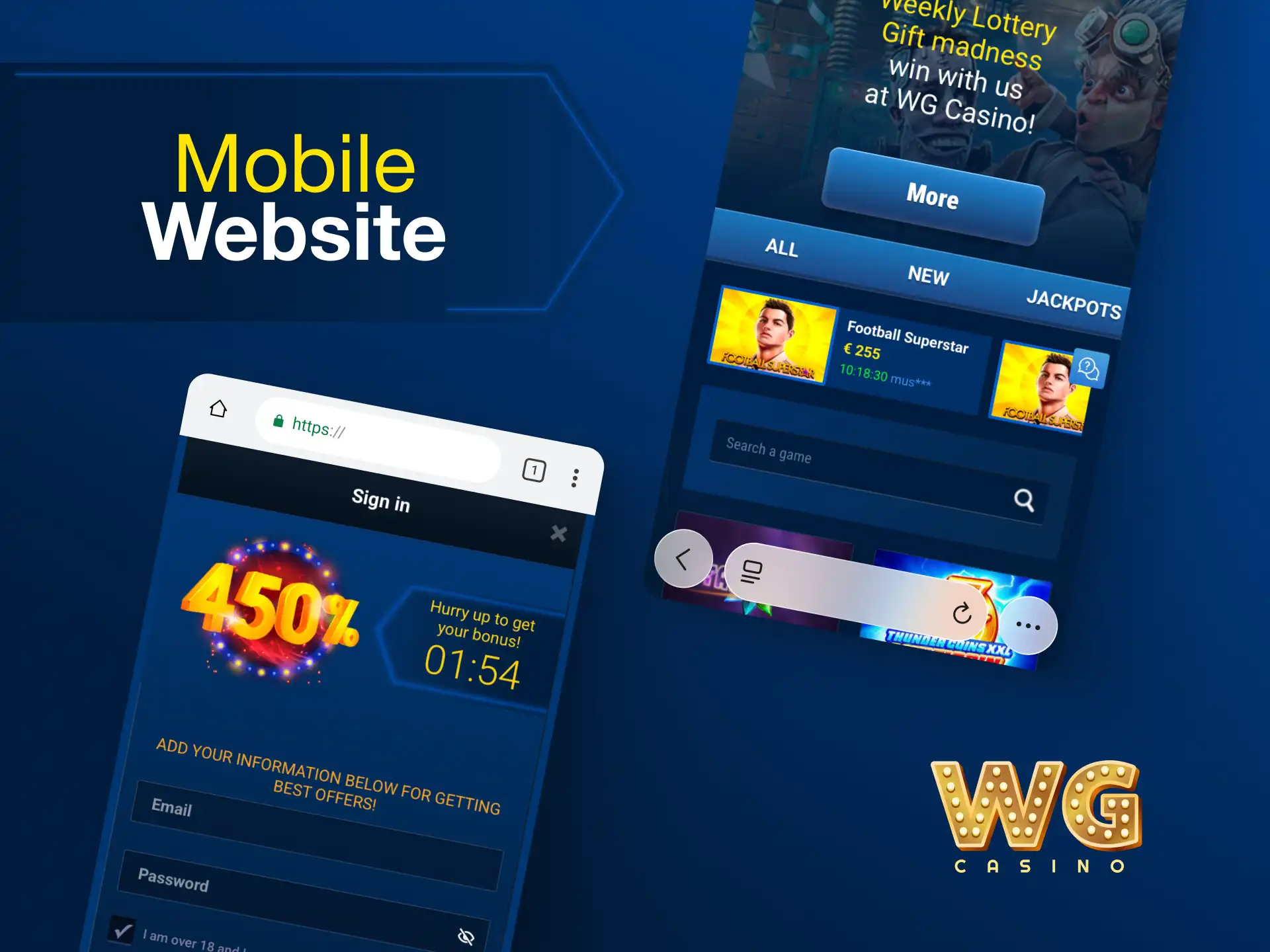 WG casino mobile website for betting and casino without downloading an app.