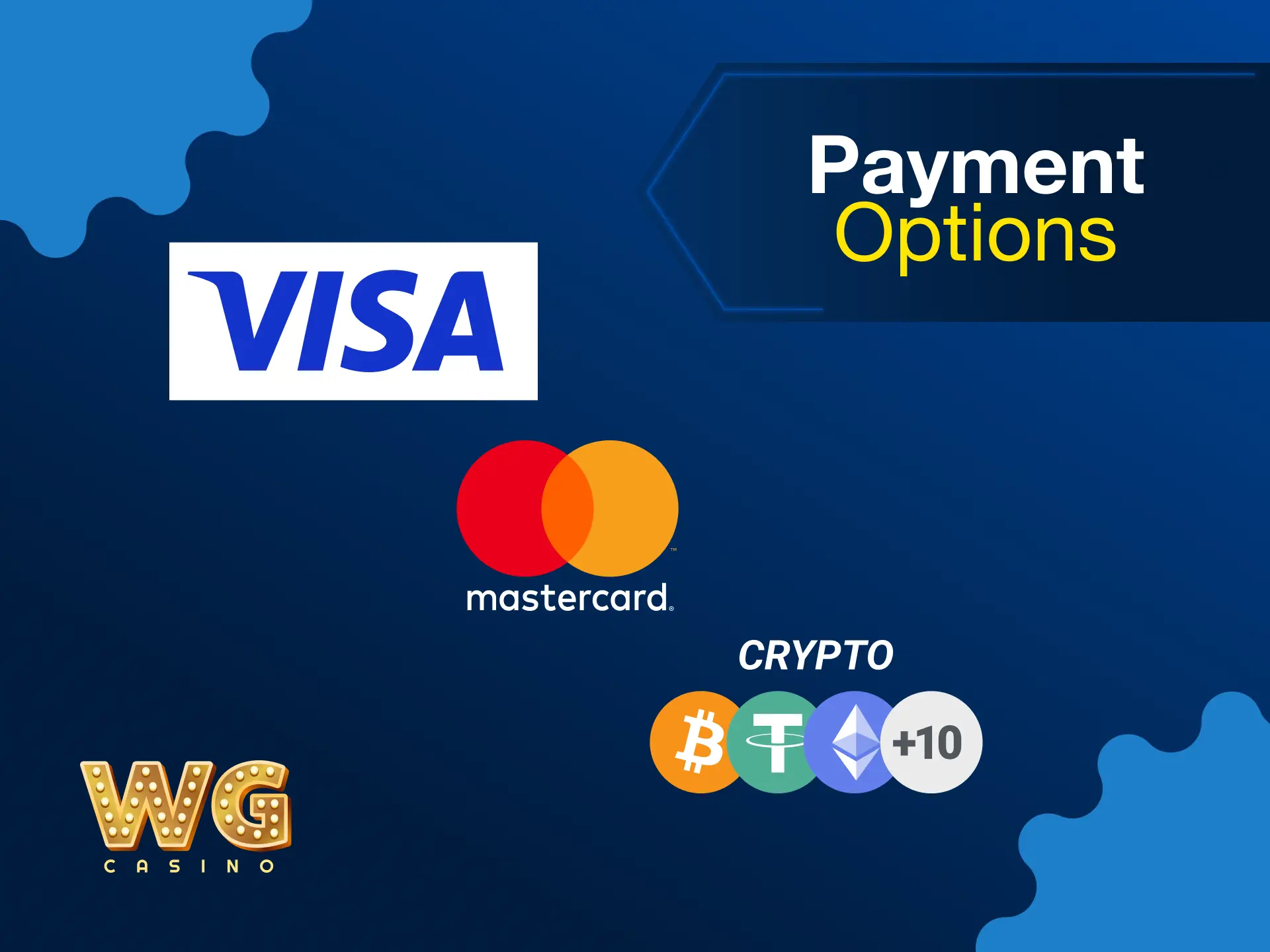 Payment options on WG casino including credit cards, e-wallets, and crypto.