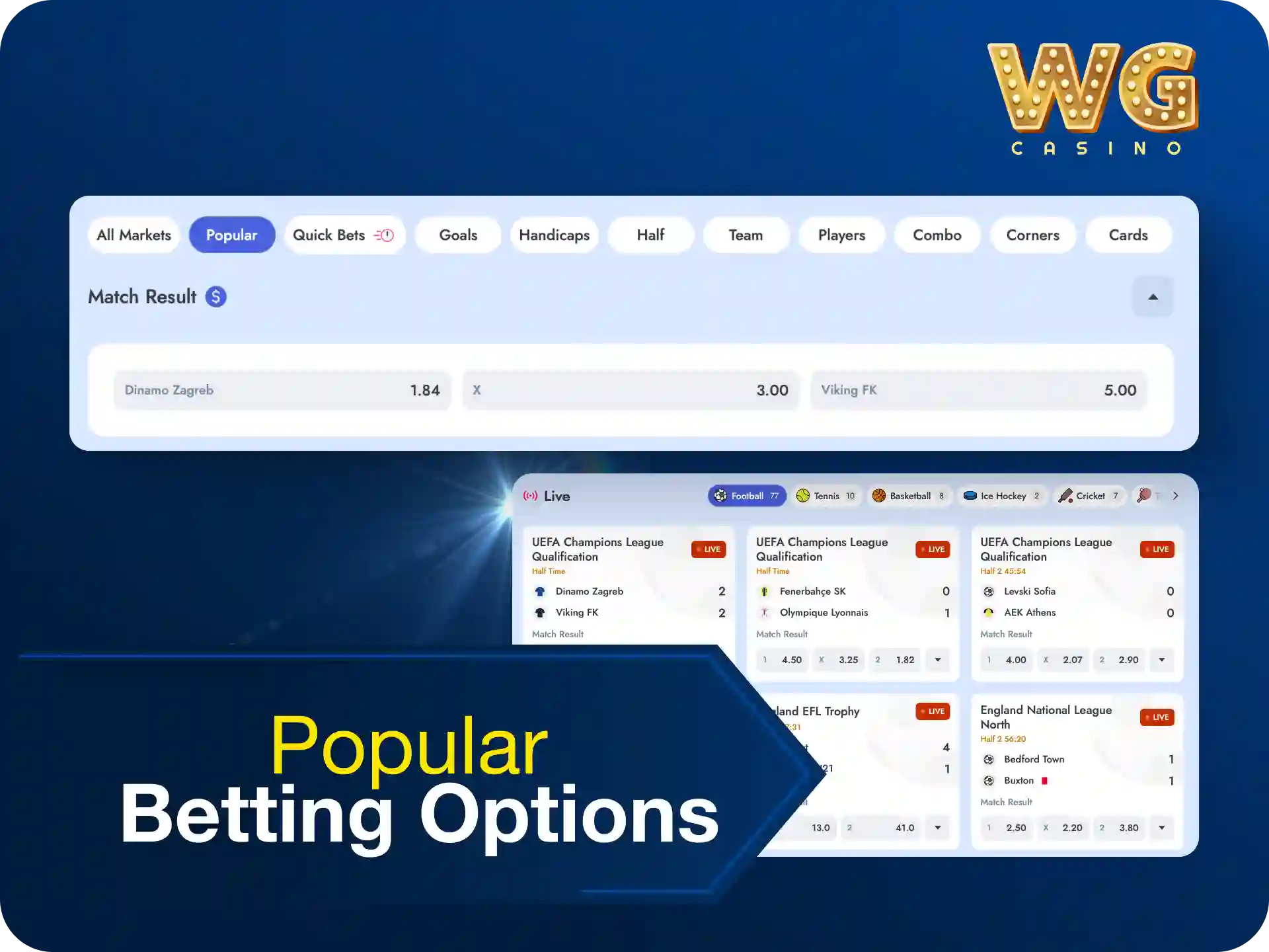 Popular betting options on WG casino including live betting and pre-match markets.