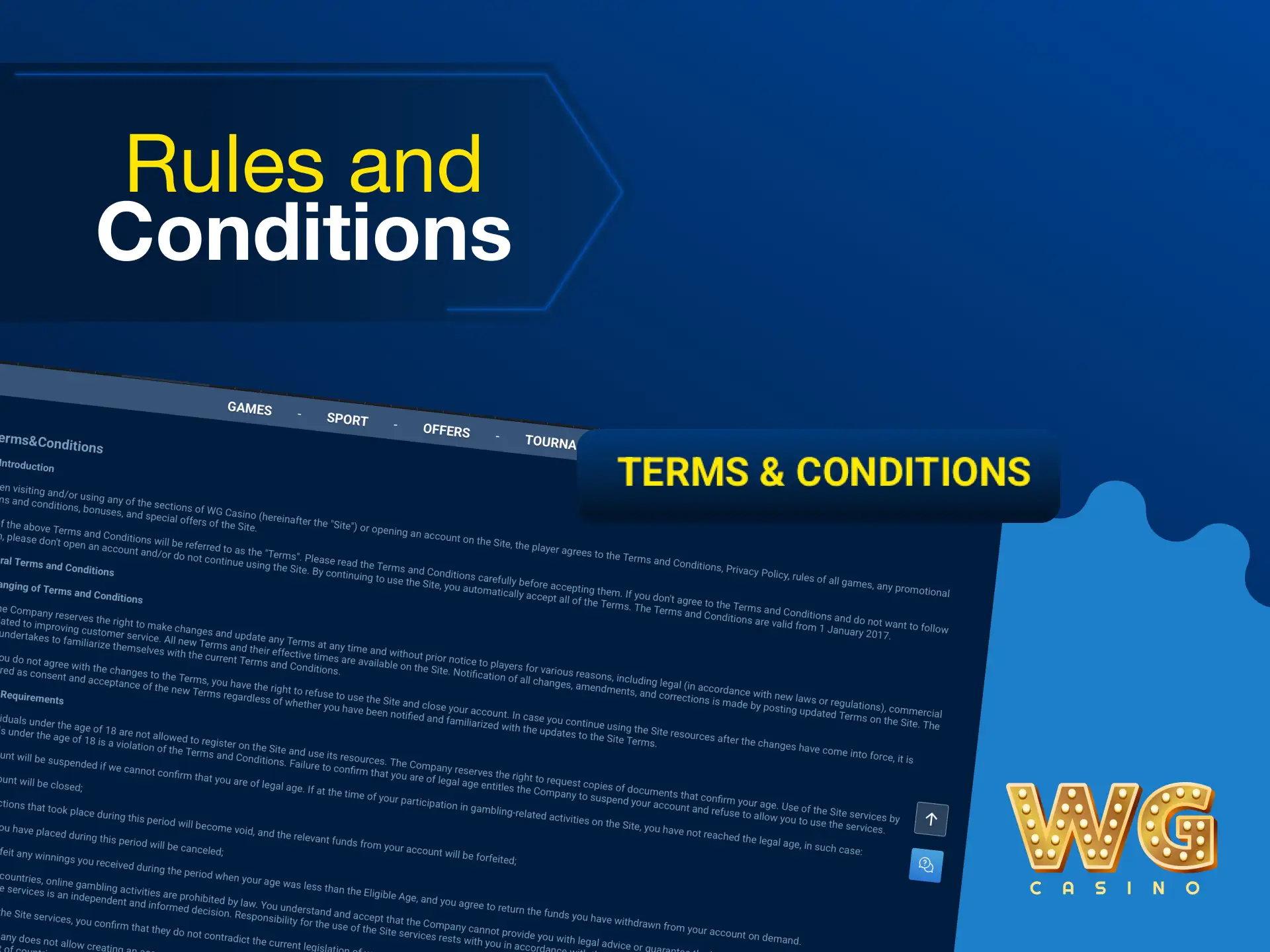 Rules and conditions for using WG casino sportsbook and casino in the UK.