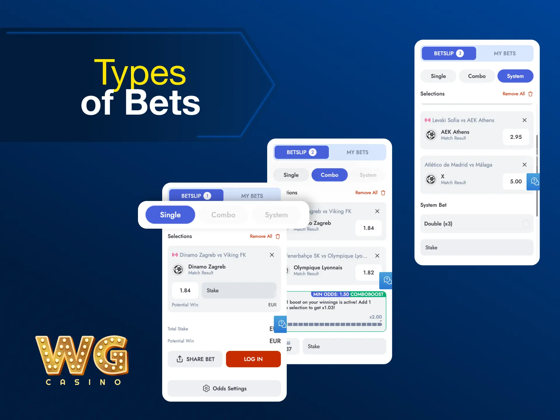 Types of bets on WG casino including singles, accumulators, and system bets.