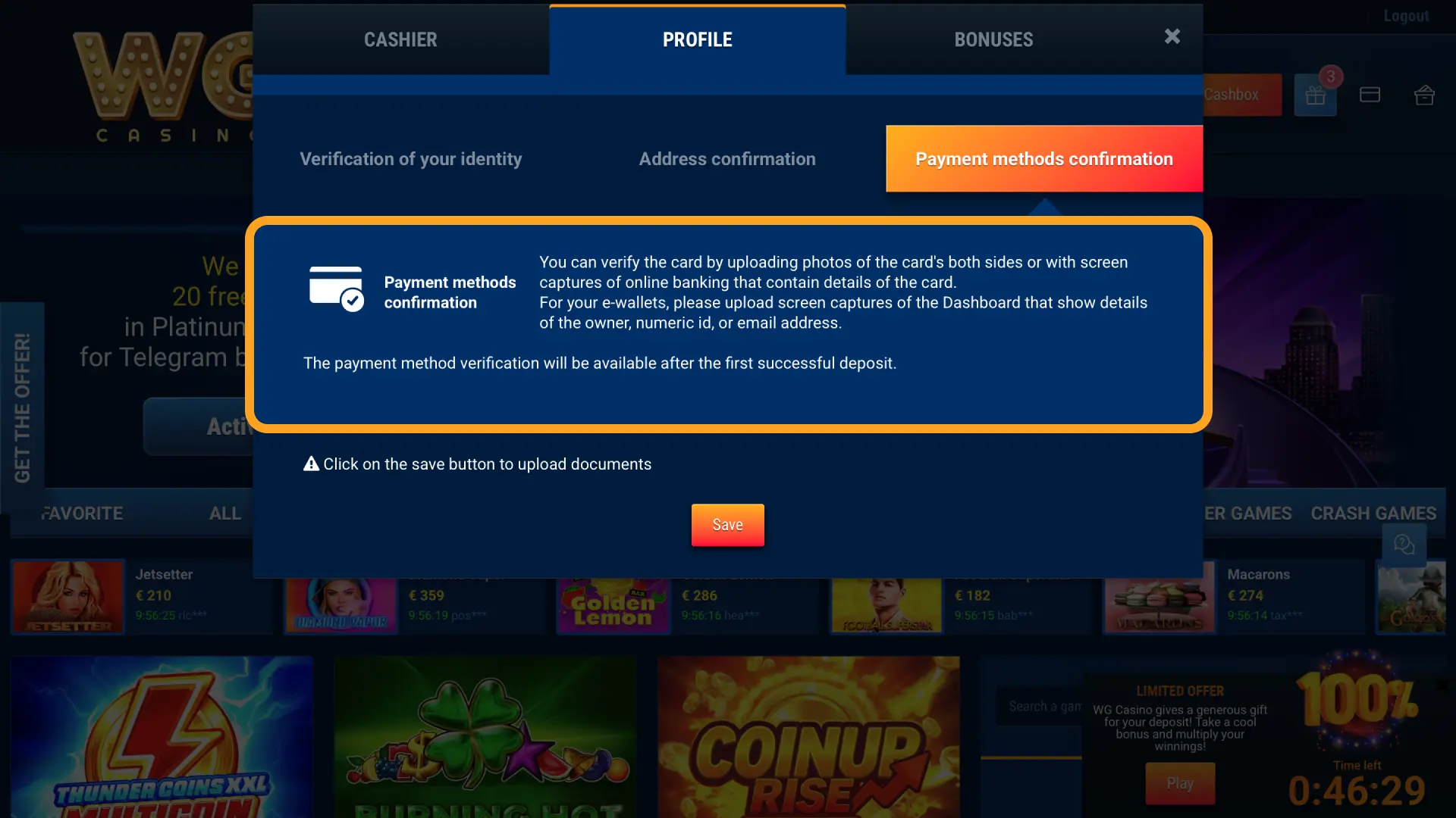 Confirm card ownership or crypto wallet details on WG casino as requested.