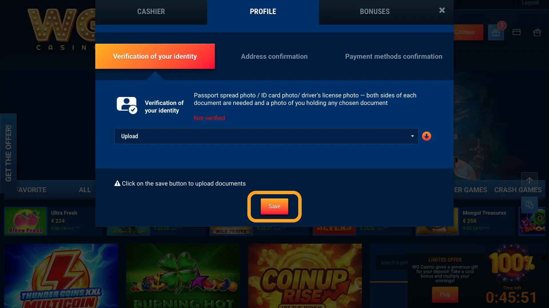 Wait for WG casino approval by email and in-account alerts within 24 hours.