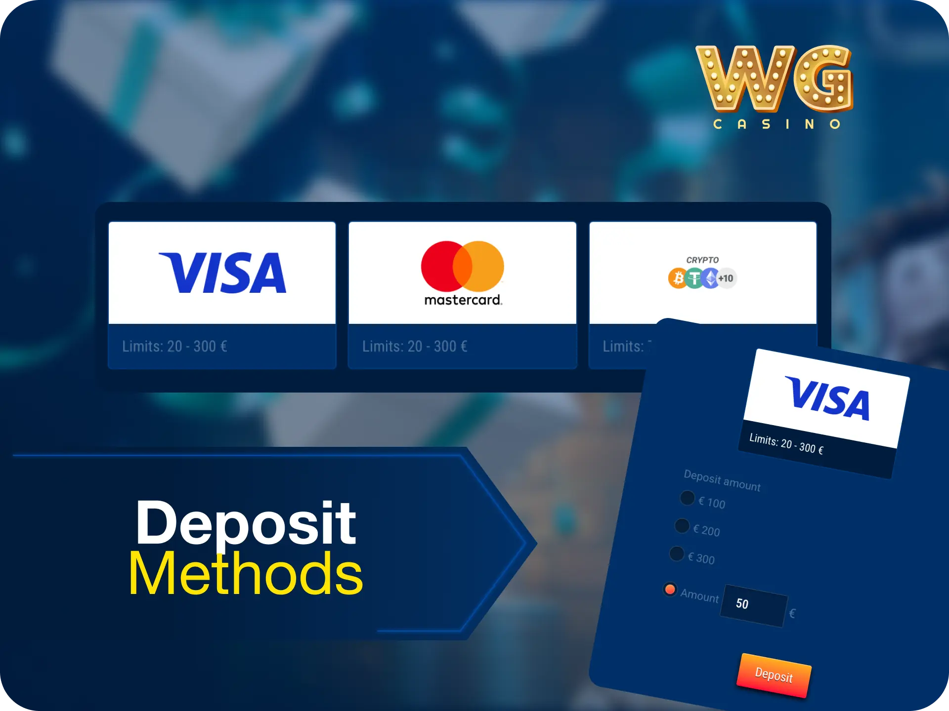Deposit methods for WG casino including credit cards, e-wallets, and bank transfers.