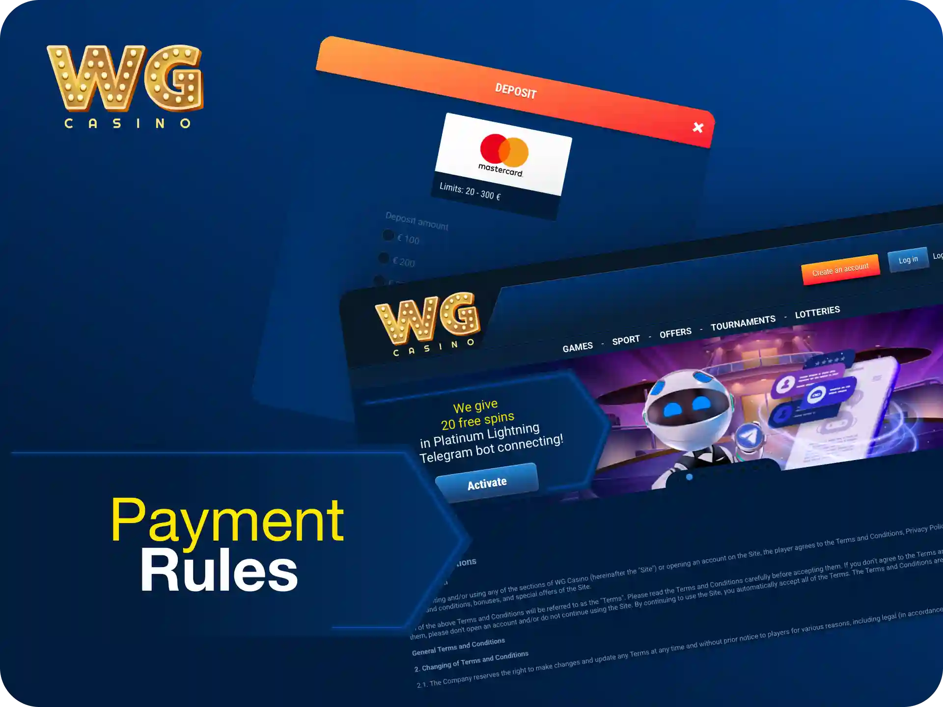 Payment rules and conditions for WG casino including minimum amounts and processing times.