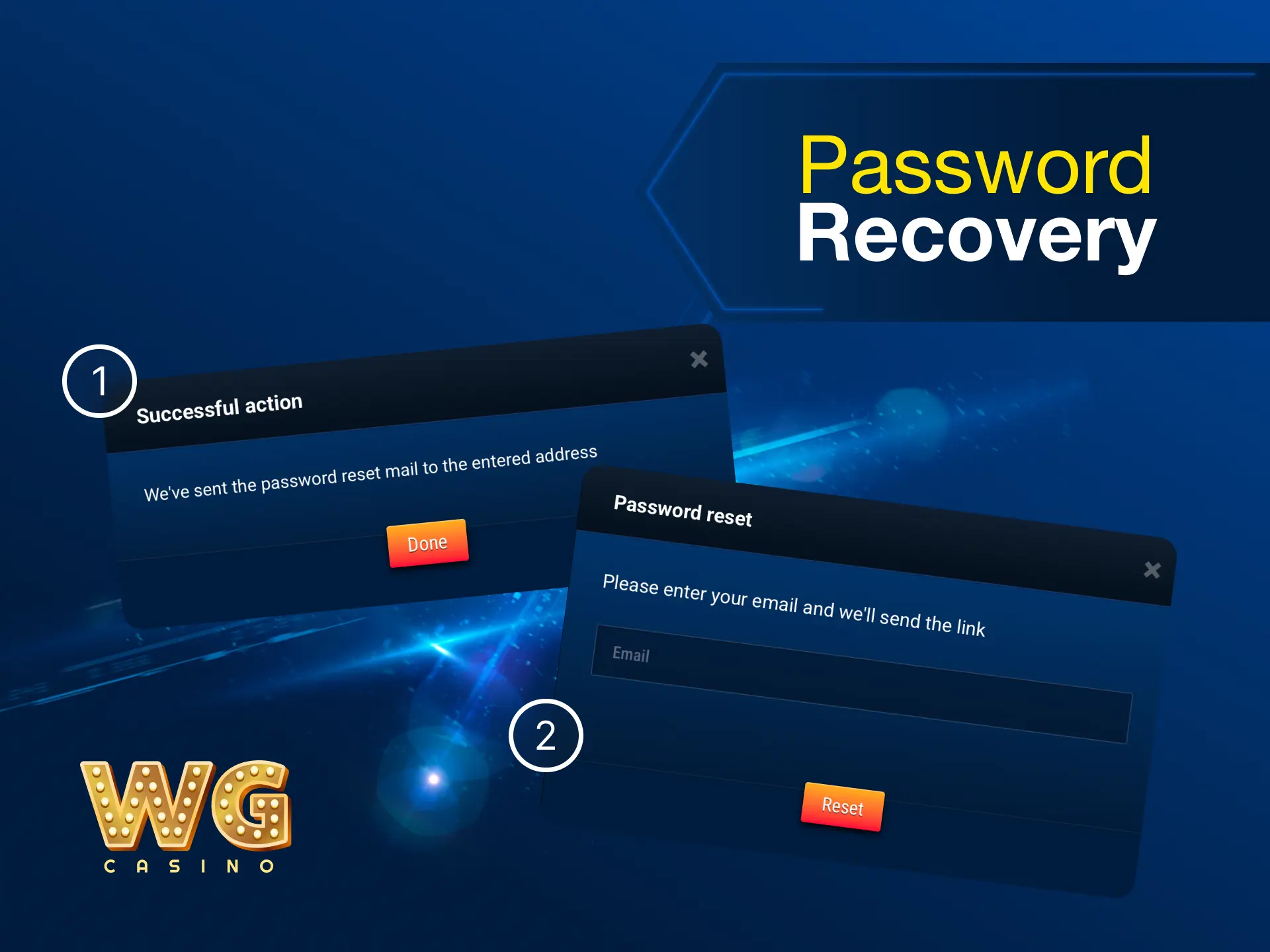 Password recovery for WG casino via email or SMS with reset link.