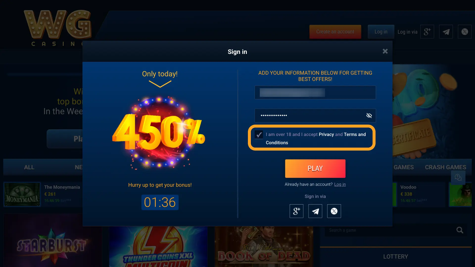 Set deposit limits and accept terms on WG casino to complete your sign up.